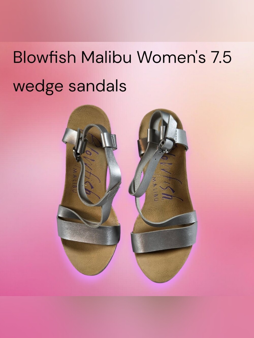 Blowfish Malibu Womens 7.5 Silver Strappy Ankle-Wrap Wedge Sandals